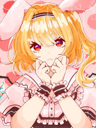 Rule 34 | 1girl, alternate costume, animal ears, black hairband, blonde hair, buttons, closed mouth, crystal, flandre scarlet, frilled shirt collar, frills, hair between eyes, hairband, hands on own chin, looking at viewer, medium hair, own hands together, pink background, puffy short sleeves, puffy sleeves, rabbit ears, red eyes, seserami, short sleeves, side ponytail, solo, touhou, upper body, wings, wrist cuffs