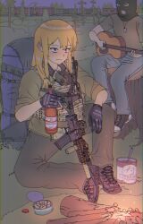 Rule 34 | 1girl, alcohol, ar-15, backpack, bag, balaclava, beans, beer, blonde hair, blue eyes, boots, budweiser, campfire, cigarette, denim, dog tags, escape from tarkov, forest, fukufaku, guitar, gun, headset, highres, instrument, jeans, long hair, nature, night, pants, bulletproof vest, rifle, shoes, smoking, sneakers, solo, spoon, train, tree stump, weapon