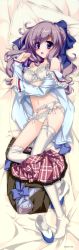 Rule 34 | 1girl, absurdres, bed, bed sheet, blush, bra, breasts, clothes pull, copyright request, dakimakura (medium), feet, frilled panties, frills, from above, full body, garter belt, gotou nao, highres, huge filesize, legs, long hair, long image, looking at viewer, lying, on back, on bed, open clothes, open shirt, panties, pillow, plaid, plaid skirt, purple eyes, purple hair, shirt, shoe dangle, shoes, unworn shoes, single shoe, skirt, skirt pull, solo, tall image, thighhighs, underwear, uwabaki, white bra, white panties, white thighhighs