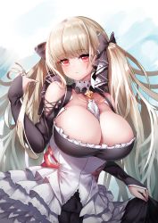 Rule 34 | 1girl, absurdres, azur lane, between breasts, black dress, black ribbon, blonde hair, breasts, cho!cho!, cleavage, closed mouth, dress, formidable (azur lane), hair ribbon, highres, large breasts, long hair, looking at viewer, red eyes, ribbon, solo, twintails, two-tone dress, two-tone ribbon, white dress, white ribbon