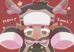 Rule 34 | 1boy, antlers, blush, commentary request, cookie run, fake antlers, green eyes, highres, horns, long sleeves, male focus, merry christmas, parka, parted lips, red background, sleeves past fingers, sleeves past wrists, tagme, tiramisu cookie, upper body, x-mas