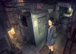 Rule 34 | 1girl, air conditioner, alley, ankle socks, backpack, bag, black hair, box, building, cable, cardboard box, full body, glasses, hair ornament, hairclip, hallway, hands in pockets, highres, hood, hood down, hoodie, indoors, industrial pipe, kneehighs, loafers, long sleeves, looking to the side, mailbox (incoming mail), original, power lines, scenery, shoes, short hair, skirt, socks, solo, stairs, standing, trash bag, v-neck, vanishing point, wire, yoshida seiji