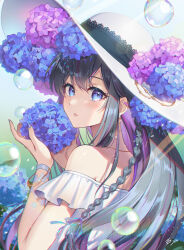 Rule 34 | 1girl, anzumame, black hair, blue eyes, blue flower, blue nails, bubble, colored inner hair, dress, earrings, fingernails, flower, hat, highres, holding, holding flower, hydrangea, jewelry, long hair, looking at viewer, multicolored hair, nail polish, original, parted lips, purple flower, purple hair, signature, solo, upper body, white dress, white hat
