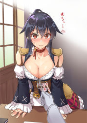 Rule 34 | 1girl, 1other, abo (hechouchou), black hair, blouse, blush, breasts, cleavage, commentary request, cosplay, cowboy shot, detached sleeves, dirndl, eishin flash (umamusume), eishin flash (umamusume) (cosplay), german clothes, hair between eyes, highres, kantai collection, large breasts, long hair, long sleeves, looking at viewer, ponytail, pulling another&#039;s clothes, red eyes, shirt, sidelocks, solo focus, starting future (umamusume), string pull, sweat, table, umamusume, white shirt, yahagi (kancolle)