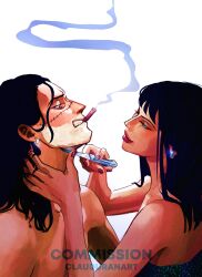 Rule 34 | 1boy, 1girl, artist name, black hair, blue eyes, blunt bangs, cigar, clauduranart, commentary, commission, crocodile (one piece), earrings, english commentary, facing another, highres, holding, holding another&#039;s head, holding knife, jewelry, knife, looking at another, medium hair, nico robin, one piece, profile, simple background, smile, smoke, stitched face, stitches