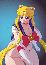 Rule 34 | 1girl, bishoujo senshi sailor moon, blonde hair, blue eyes, blue sailor collar, breasts, choker, cleavage, clenched teeth, collarbone, crescent, crescent earrings, curvy, derivative work, diadem, double bun, earrings, gloves, heart, heart choker, highres, huge breasts, jewelry, long hair, meme, panties, red choker, red footwear, sailor collar, sailor moon, sailor moon redraw challenge (meme), sailor senshi, sailor senshi uniform, screenshot redraw, solo, suphesol, teeth, thick thighs, thighs, thong, tsukino usagi, twintails, underwear, white gloves, white panties, wide hips
