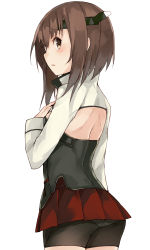 Rule 34 | 10s, 1girl, absurdres, back cutout, bike shorts, blush, brown eyes, brown hair, clothing cutout, from side, headgear, highres, kantai collection, kou mashiro, panties under bike shorts, short hair, simple background, skirt, solo, taihou (kancolle), upper body, white background