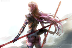 Rule 34 | 1girl, ass, blood, fate/grand order, fate (series), gae bolg (fate), highres, injury, kim yura (goddess mechanic), long hair, purple eyes, red eyes, scathach (fate), scathach (fate), simple background, torn clothes, very long hair