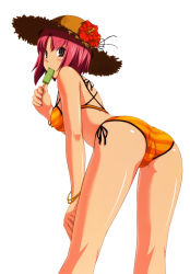 Rule 34 | absurdres, ass, bent over, bikini, bracelet, flower, food, green eyes, hat, highres, jewelry, koutaro, looking at viewer, pink hair, popsicle, rio rollins, short hair, side-tie bikini bottom, simple background, straw hat, striped bikini, striped clothes, super blackjack, swimsuit