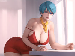 Rule 34 | 1girl, arm support, artist name, blue eyes, blue hair, breasts, bulma, cleavage, collarbone, commentary, commentary typo, covered erect nipples, curvy, dragon ball, dragon ball super, dragonball z, dress, ear piercing, english commentary, fingernails, flowerxl, large breasts, leaning forward, open mouth, paid reward available, patreon username, piercing, red dress, scarf, short dress, short hair, solo, strap slip, sunlight, swept bangs, teeth, thick thighs, thighs, tight clothes, tight dress, upper teeth only, watermark, web address, yellow scarf