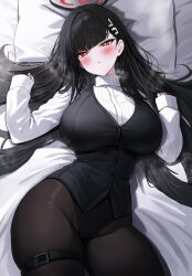 Rule 34 | 1girl, absurdres, alternate costume, black hair, black leotard, black pantyhose, black vest, blue archive, blush, breasts, breath, bright pupils, hair spread out, halo, highres, huge breasts, hyouhyou sub, leotard, long sleeves, looking at viewer, lying, on back, pantyhose, red eyes, rio (blue archive), shirt, solo, sweat, thigh strap, vest, white pupils, white shirt