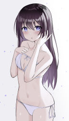Rule 34 | 1girl, :o, bad id, bad pixiv id, bare arms, bare shoulders, bikini, black hair, blue eyes, blush, breasts, cleavage, cleavage cutout, clothing cutout, collarbone, commentary request, cowboy shot, hand on own chest, hands up, highres, long hair, looking at viewer, nagisa (cxcx5235), navel, original, parted lips, ribbon, side-tie bikini bottom, simple background, small breasts, solo, stomach, straight hair, strapless, strapless bikini, swimsuit, white background, white bikini, white ribbon