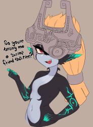 Rule 34 | 1girl, bad tag, blonde hair, brown background, collarbone, colored skin, english text, female focus, helmet, highres, long hair, looking at viewer, meme, midna, multicolored skin, navel, nintendo, open mouth, pointy ears, red eyes, shnibbles, simple background, sketch, smile, solo, teeth, the legend of zelda, the legend of zelda: twilight princess, two-tone skin, upper body, upper teeth only