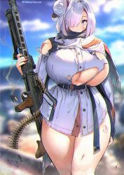 Rule 34 | 1girl, 504 gateway, ammunition, blood, blue eyes, blue sky, blurry, blurry background, breasts, bullet, cartridge, character request, chromatic aberration, cloud, cloudy sky, copyright request, curvy, cuts, day, dress, gun, hair over one eye, hat, highres, holding, holding gun, holding weapon, huge breasts, injury, legs, long sleeves, looking at viewer, machine gun, mg42, military, military hat, military uniform, nail polish, no bra, outdoors, purple hair, red nails, scratches, shell casing, short hair, sky, solo, standing, thick thighs, thighs, torn clothes, uniform, weapon, white dress, wide hips