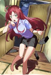 Rule 34 | 1girl, ahoge, bag, bare arms, bare legs, black skirt, blush, breasts, feet out of frame, female focus, green eyes, handbag, hataraku maou-sama!, highres, holding, long hair, looking at viewer, manno (kanpi2100), open mouth, pencil skirt, red hair, shirt, shoes, unworn shoes, short sleeves, skirt, solo, stairs, sweat, teeth, upper teeth only, wooden floor, yusa emi