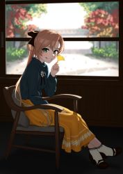 Rule 34 | 1girl, akigumo (kancolle), armchair, blush, brown hair, bush, chair, closed mouth, floral print, from side, full body, ginkgo tree, green eyes, green sweater, hair ribbon, highres, indoors, kantai collection, koubakotone, lace, lace-trimmed legwear, lace trim, legs together, long hair, long skirt, mole, mole under eye, ponytail, ribbon, sitting, skirt, smile, socks, solo, sweater, tree, very long hair, white socks, window, yellow skirt