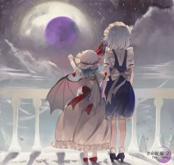 Rule 34 | 2girls, arm up, balcony, bat wings, black footwear, blue hair, blue skirt, blue vest, cloud, from behind, full moon, hat, height difference, high heels, imperishable night, izayoi sakuya, locked arms, maid headdress, mob cap, moon, multiple girls, night, outstretched arm, pink headwear, pink shirt, pink skirt, pointing, puffy short sleeves, puffy sleeves, railing, red footwear, remilia scarlet, riki6, shadow, shirt, short hair, short sleeves, shoujo kitou-chuu, silver hair, skirt, sky, standing, star (sky), star trail, starry sky, touhou, vest, white legwear, white shirt, wide shot, wings, wrist cuffs