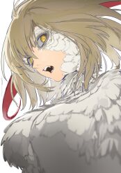 Rule 34 | 1girl, bags under eyes, blonde hair, body fur, breasts, commentary, dungeon meshi, english commentary, falin touden, falin touden (chimera), fangs, feathers, highres, large breasts, looking at viewer, monster girl, open mouth, ruint, simple background, solo, upper body, white background