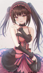 Rule 34 | 1girl, absurdres, bare shoulders, black hair, blush, breasts, choker, clock eyes, collarbone, commentary request, cowboy shot, date a live, dress, frilled dress, frilled hairband, frilled sleeves, frills, gothic lolita, gun, hairband, heterochromia, highres, holding, holding gun, holding weapon, lolita fashion, lolita hairband, long hair, looking at viewer, medium breasts, open mouth, red eyes, ribbon, sleeveless, sleeveless dress, smile, solo, symbol-shaped pupils, tokisaki kurumi, twintails, umineco 1, weapon, yellow eyes