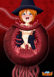 Rule 34 | 1girl, blue eyes, blush, breasts, cum, facial, female focus, fukami, gradient background, hat, monster, monster sex, navel, nipples, nude, open mouth, orange hair, pussy, rape, restrained, small breasts, solo, sweat, tentacles, vaginal, vore, x-ray