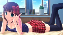 Rule 34 | 1girl, amami haruka, black thighhighs, blush, breasts, brown hair, cactus, camisole, cleavage, green eyes, hair ribbon, holding, holding clothes, holding panties, holding underwear, idolmaster, idolmaster (classic), kageira, lying, medium breasts, no shoes, on bed, on stomach, panties, pink panties, plaid, plaid skirt, plant, potted plant, ribbon, short hair, side-tie panties, skirt, smile, solo, thighhighs, underwear, unworn panties, wallpaper, window, zettai ryouiki