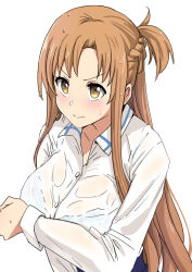 Rule 34 | 1girl, alternate costume, asuna (sao), blue skirt, braid, breasts, brown eyes, brown hair, collared shirt, crown braid, dress shirt, female focus, grey background, h2o (ddks2923), highres, large breasts, long hair, long sleeves, parted bangs, shirt, simple background, skirt, solo, sword art online, upper body, wet, wet clothes, wet shirt, white shirt