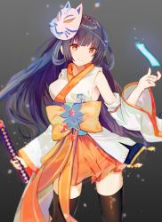 Rule 34 | 1girl, bare shoulders, black hair, black thighhighs, blue hair, blunt bangs, charm (object), dedeko, detached sleeves, flower, fox mask, frilled skirt, frills, hair ornament, hand up, highres, holding, holding weapon, japanese clothes, katana, kimono, mask, miko, multicolored eyes, multicolored hair, orange eyes, orange kimono, original, purple hair, red eyes, scroll, skirt, smile, solo, sword, talisman, thighhighs, weapon, white kimono, wide sleeves