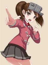 Rule 34 | &gt;:o, 10s, 1girl, :o, asacrebleu, blush, brown eyes, brown hair, brown skirt, clenched hand, cowboy shot, foreshortening, from behind, from side, japanese clothes, kantai collection, kariginu, long sleeves, looking at viewer, looking back, magatama, open mouth, pleated skirt, pointing, ryuujou (kancolle), simple background, skirt, solo, twintails, v-shaped eyebrows, visor cap