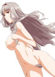 Rule 34 | 1girl, breasts, clearite, colored pubic hair, female pubic hair, hairband, idolmaster, idolmaster (classic), large breasts, long hair, nipples, nude, pubic hair, pussy, red eyes, shijou takane, silver hair, silver pubic hair, solo, uncensored