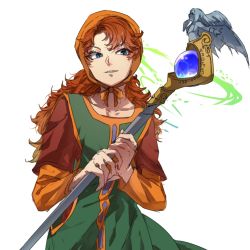 Rule 34 | 1girl, bad id, bad pixiv id, blue eyes, brown hair, dragon quest, dragon quest vii, green eyes, haru hikoya, holding, holding staff, long hair, long sleeves, parted lips, simple background, solo, staff, upper body, white background