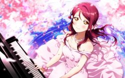 Rule 34 | 1girl, blush, breasts, brown eyes, cherry blossoms, cleavage, closed mouth, collarbone, dress, earrings, floating hair, from above, hair ornament, hairclip, highres, instrument, jewelry, kougi hiroshi, long hair, looking at viewer, looking up, love live!, love live! school idol festival, love live! school idol festival all stars, love live! sunshine!!, medium breasts, music, necklace, off-shoulder dress, off shoulder, pink scrunchie, playing instrument, playing piano, polka dot, polka dot scrunchie, red hair, sakurauchi riko, scrunchie, sitting, sleeveless, sleeveless dress, smile, solo, water surface, water world, white dress, wrist scrunchie