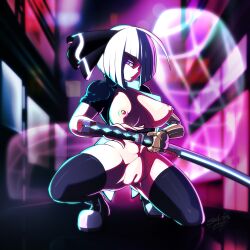 Rule 34 | 1girl, abs, black thighhighs, breasts, cleft of venus, cyberpunk, cyborg, exhibitionism, female focus, full body, functionally nude, highres, huge breasts, jacket, katana, konpaku youmu, konpaku youmu (ghost), large breasts, looking at viewer, mechanical arms, nipples, nude, open clothes, open jacket, public indecency, purple eyes, pussy, revealing clothes, short hair, single mechanical arm, solo, sword, thick thighs, thighhighs, thighs, touhou, weapon, white hair, zedrin, zenra