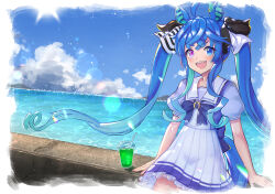Rule 34 | 1girl, :d, @ @, ahoge, animal ears, aqua hair, blue bow, blue eyes, blue hair, blue shirt, blue sky, border, bow, caustics, chromatic aberration, cloud, commentary request, cowboy shot, crossed bangs, cup, day, drink, drinking straw, fading border, hair bow, heterochromia, highres, horizon, horse ears, horse girl, horse tail, lens flare, long hair, looking at viewer, melon soda, multicolored hair, open mouth, outdoors, partial commentary, petticoat, pleated skirt, puffy short sleeves, puffy sleeves, purple eyes, sailor collar, school uniform, sharp teeth, shirt, short sleeves, sidelocks, sitting, skirt, sky, smile, solo, striped, striped bow, sun, tail, takanishi takashi, teeth, tracen school uniform, twin turbo (umamusume), twintails, two-tone hair, umamusume, upper teeth only, very long hair, water, white border, white sailor collar, white skirt