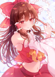 Rule 34 | 1girl, ascot, bare shoulders, bow, brown hair, crop top, crop top overhang, detached sleeves, frills, gohei, hair bow, hair tubes, hakurei reimu, hand up, holding, long hair, long sleeves, looking at viewer, midriff, nagidango, navel, parted lips, red bow, red eyes, red shirt, red skirt, shirt, skirt, skirt set, solo, touhou, upper body, wide sleeves, yellow ascot