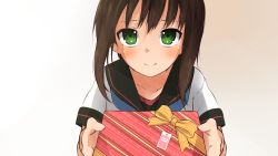 Rule 34 | 1girl, blue neckerchief, blush, bow, box, brown hair, closed mouth, commentary request, fubuki (kancolle), fubuki kai ni (kancolle), gift, gift box, gradient background, green eyes, grey background, highres, holding, holding gift, kantai collection, myuto (advent retribution), neckerchief, orange bow, pov, sailor collar, shirt, short sleeves, smile, solo, tareme, upper body, valentine, white shirt