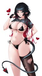 Rule 34 | 1girl, alternate costume, animal ear piercing, animal ears, aqua eyes, areola slip, bikini, black bikini, black gloves, black hair, black thighhighs, breasts, fingerless gloves, gavvsew, gloves, heart, highres, jane doe (zenless zone zero), large breasts, long hair, mouse ears, mouse girl, mouse tail, multicolored hair, navel, red hair, red nails, simple background, single bare leg, single thighhigh, solo, stomach, swimsuit, tail, thighhighs, tongue, tongue out, torn clothes, torn thighhighs, two-tone hair, white background, zenless zone zero