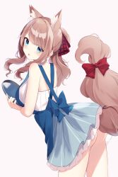 Rule 34 | 1girl, :o, absurdres, animal ear fluff, animal ears, apron, ass, bare arms, bare shoulders, blue apron, blue bow, blue eyes, blue skirt, blush, bow, brown background, brown hair, commentary, highres, holding, holding tray, leaning forward, long hair, looking at viewer, looking back, mizu (lzzrwi603), original, parted lips, pleated skirt, ponytail, red bow, shirt, simple background, skirt, sleeveless, sleeveless shirt, solo, striped clothes, striped skirt, tail, tail bow, tail ornament, tail raised, tray, v-shaped eyebrows, vertical-striped clothes, vertical-striped skirt, white shirt