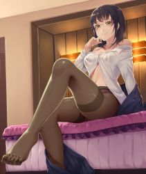 Rule 34 | 1girl, arm support, asisuki, bare shoulders, bed, black hair, blush, bra, unworn clothes, dress shirt, feet, finger to mouth, finger to own chin, foot focus, glasses, lace, lace-trimmed panties, lace trim, legs, looking at viewer, navel, no shoes, off shoulder, open clothes, open shirt, original, panties, panties under pantyhose, pantyhose, purple bra, purple panties, shirt, short hair, sitting, smile, solo, toes, underwear, valentine, yellow eyes