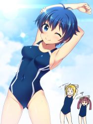 Rule 34 | 3girls, armpits, arms behind head, arms up, bad id, bad pixiv id, blue eyes, blue hair, blush, breasts, competition swimsuit, covered erect nipples, covered navel, gradient background, harumi shinju, kamishiro sui, looking at viewer, multiple girls, nonohara hime, one-piece swimsuit, one eye closed, short hair, sky, smile, standing, stretching, swimsuit, tokyo 7th sisters, totokichi