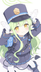 Rule 34 | 1girl, black footwear, black hat, black jacket, black skirt, black tail, blue archive, blush, boots, demon tail, from above, gloves, green hair, green halo, halo, hat, hikari (blue archive), highres, jacket, long hair, long sleeves, looking at viewer, pantyhose, peaked cap, pleated skirt, simple background, skirt, solo, standing, tail, tyakomes, white background, white gloves, white pantyhose, yellow eyes