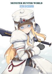 Rule 34 | 1girl, abigail williams (fate), absurdres, alternate costume, belt, black gloves, blonde hair, blue eyes, buckle, closed mouth, coat, commentary request, copyright name, direwolf (armor), fate/grand order, fate (series), frown, fur-trimmed coat, fur-trimmed sleeves, fur hat, fur trim, gloves, gradient background, hat, highres, holding, holding sword, holding weapon, jacket, kotaka, long hair, long sleeves, looking at viewer, monster hunter, monster hunter: world, monster hunter (series), parted bangs, serious, shaded face, sidelocks, solo, sword, ushanka, very long hair, weapon, white coat, white hat, white jacket, white legwear, winter clothes, winter coat