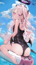 Rule 34 | 1girl, absurdres, ahoge, ass, bare arms, bare legs, bare shoulders, barefoot, black one-piece swimsuit, black wings, blue archive, blue sky, breasts, closed mouth, cloud, day, dutch angle, feet, from behind, hair ornament, hairclip, halo, hand on own chest, highres, hina (blue archive), hina (swimsuit) (blue archive), holding, horns, innertube, looking at viewer, looking back, low wings, mountainous horizon, multiple horns, ocean, one-piece swimsuit, outdoors, parted bangs, pjkka, purple eyes, school swimsuit, shoulder blades, sidelocks, sitting, sky, small breasts, solo, swim ring, swimsuit, thighs, toes, wariza, water, wavy hair, wedgie, wet, white hair, wings