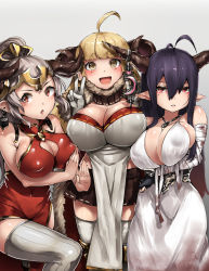 Rule 34 | &gt;:o, 10s, 3girls, :d, :o, ahoge, aliza (granblue fantasy), anila (granblue fantasy), antenna hair, asymmetrical docking, bandages, bare shoulders, black skirt, blonde hair, blood, blue hair, blunt bangs, blush, breast hold, breast press, breasts, cape, china dress, chinese clothes, cleavage cutout, clothing cutout, covered erect nipples, covered navel, crescent, danua, draph, dress, earrings, fighting stance, fingerless gloves, forehead protector, fur trim, gloves, gradient background, granblue fantasy, grey legwear, hair between eyes, halterneck, headgear, high ponytail, highres, hip focus, horn ornament, horns, huge breasts, impossible clothes, impossible dress, jewelry, large breasts, long hair, looking at viewer, miniskirt, multiple girls, necklace, neo-masterpeacer, open mouth, parted lips, pleated skirt, pointy ears, ponytail, red dress, red eyes, ribbed legwear, ribbon trim, sheep horns, side slit, sideboob, silver hair, skirt, sleeveless, sleeveless dress, smile, standing, thighhighs, turtleneck, v, v-shaped eyebrows, very long hair, white dress, yellow eyes, zettai ryouiki