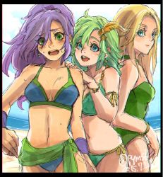 Rule 34 | 3girls, blonde hair, breasts, celes chere, cleavage, closed mouth, dissidia final fantasy, earrings, faris scherwiz, final fantasy, final fantasy iv, final fantasy v, final fantasy vi, green eyes, highres, jewelry, long hair, looking at viewer, multiple girls, open mouth, payu (pyms11), purple hair, rydia (ff4), smile, swimsuit