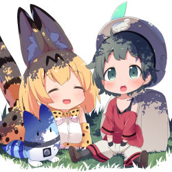 Rule 34 | 10s, 2girls, :d, :o, animal ears, backpack, bag, black tank top, blonde hair, bowtie, bucket hat, chibi, commentary request, elbow gloves, closed eyes, gloves, grass, green eyes, green hair, hat, hat feather, highres, kaban (kemono friends), kemono friends, lucky beast (kemono friends), makuran, multiple girls, off shoulder, open mouth, oversized clothes, print bow, print bowtie, print gloves, print neckwear, print skirt, red shirt, serval (kemono friends), serval print, serval tail, shirt, short hair, shorts, sitting, skirt, smile, tail, tank top, tree shade, aged down, |d