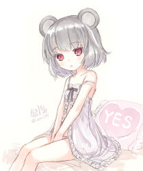 Rule 34 | 1girl, animal ears, babydoll, bad id, bad pixiv id, blush, capriccio, colored eyelashes, hibanar, highres, looking at viewer, mouse ears, nazrin, pillow, red eyes, short hair, silver hair, simple background, sitting, sketch, solo, strap slip, touhou, underwear, underwear only, white background, yes-no pillow