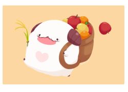Rule 34 | 7mb yut, apple, bag, border, brown background, brown bag, food, fruit, green apple, heart, holding, horns, league of legends, no humans, poro (league of legends), red apple, solo, tongue, tongue out, walking, white border