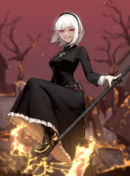 Rule 34 | 1girl, absurdres, ashes, axe, bare tree, battle axe, belt, black dress, black footwear, black headband, breasts, brown belt, cross, cross necklace, dress, embers, fire, flaming weapon, frills, gogalking, habit, headband, highres, holding, holding weapon, jewelry, leg up, long dress, long sleeves, looking at viewer, medium breasts, necklace, original, outdoors, red eyes, red sky, short hair, sidelocks, sky, smile, solo, teeth, tree, weapon, white hair