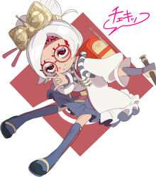 Rule 34 | 1girl, backpack, bag, black footwear, blue skirt, coat, flute, frilled skirt, frills, glasses, goggles, goggles on head, grin, hair ornament, hair stick, hair up, hand up, headband, highres, holding, holding instrument, instrument, long sleeves, looking at viewer, mary janes, medium hair, midair, nintendo, open mouth, outstretched arm, over-kneehighs, puffy long sleeves, puffy sleeves, purah, radio antenna, randoseru, red-framed eyewear, red background, red bag, red eyes, red headband, round eyewear, samochau, shoes, short eyebrows, simple background, skirt, sleeves past elbows, smile, solo, speech bubble, straight hair, the legend of zelda, the legend of zelda: breath of the wild, thighhighs, two-tone background, w over eye, white background, white coat, white hair, zettai ryouiki