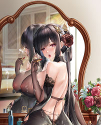 Rule 34 | 1girl, azur lane, black hair, breasts, chen hai (azur lane), chen hai (vestibule of wonders) (azur lane), cosmetics, cum, cum on body, cum on breasts, cum on upper body, cum string, elbow gloves, flower, gloves, hair flower, hair intakes, hair ornament, highres, holding, holding lipstick tube, huge breasts, indoors, lipstick tube, long hair, looking at viewer, looking back, nipples, open mouth, red eyes, red flower, red rose, rose, shoulder blades, solo, tongue, tongue out, upper body, very long hair, white flower, yuli you gua